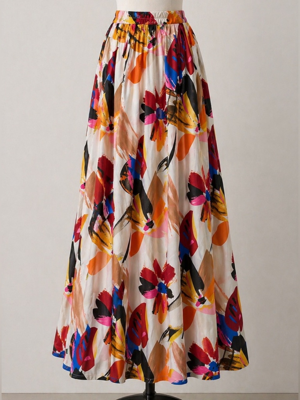 Cato White Maxi Skirt with Colorful Floral Brushstroke Print